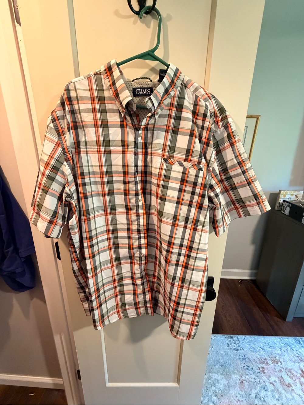 Chaps Men’s Short-Sleeve Plaid Button-Down Shirt - White, Orange & Green